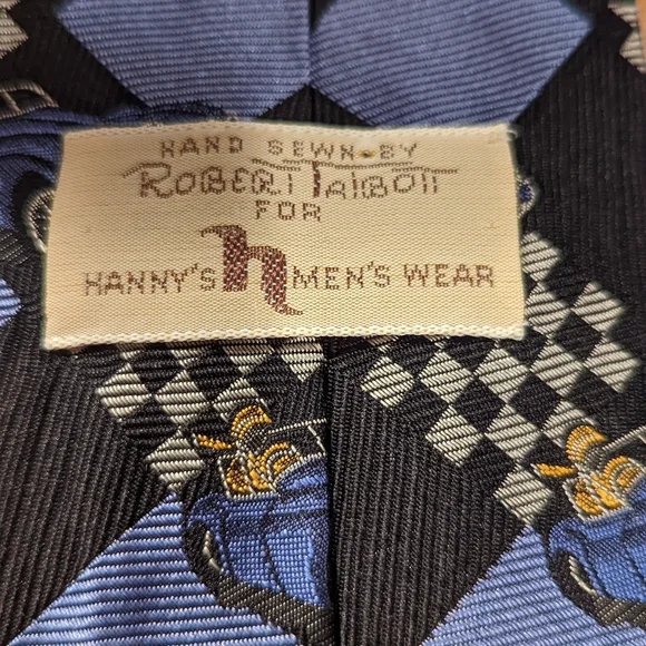 Vintage Retro blue and black and white check car tie by Robert Talbot